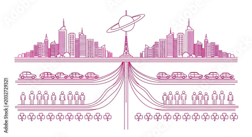 Billede på lærred Abstract illustration of urban city layers with underground transportation and infrastructure connectivity