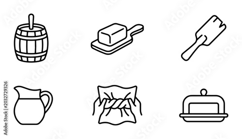 Foto Dairy Icons: Butter Barrel, Churn, Creamer, Cheese Slicer, Hands Twisting Cloth,