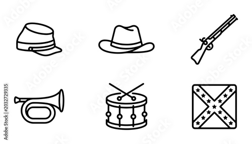 Photos Civil War Icons: Union Cap, Cowboy Hat, Rifle, Bugle, Drum, Confederate Flag Vec