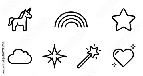 Magical Unicorn, Rainbow, Star Icons. Whimsical Fantasy Elements Set. Cute Cloud, Wand, Heart Graphics.
