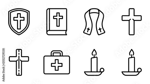 Foto Christianity Icon Set: Cross, Bible, Shield, Stole, Medical Kit, Candles for Fai
