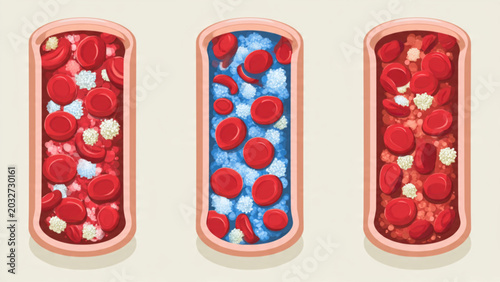 Bild auf Leinwand Illustration of blood vessels filled with red blood cells and white blood cells