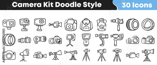 Collection of hand drawn camera equipment icons in doodle style