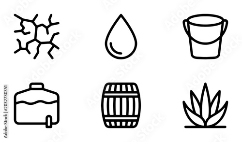 Fotografía Water Conservation Icons: Drought, Drop, Bucket, Tank, Barrel, Plant Icons for R