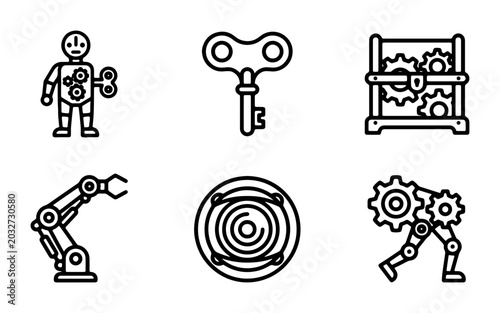 Foto Mechanical Robot Icons, Wind-up Toy, Industrial Gears, Robotic Arm, Vintage Mach