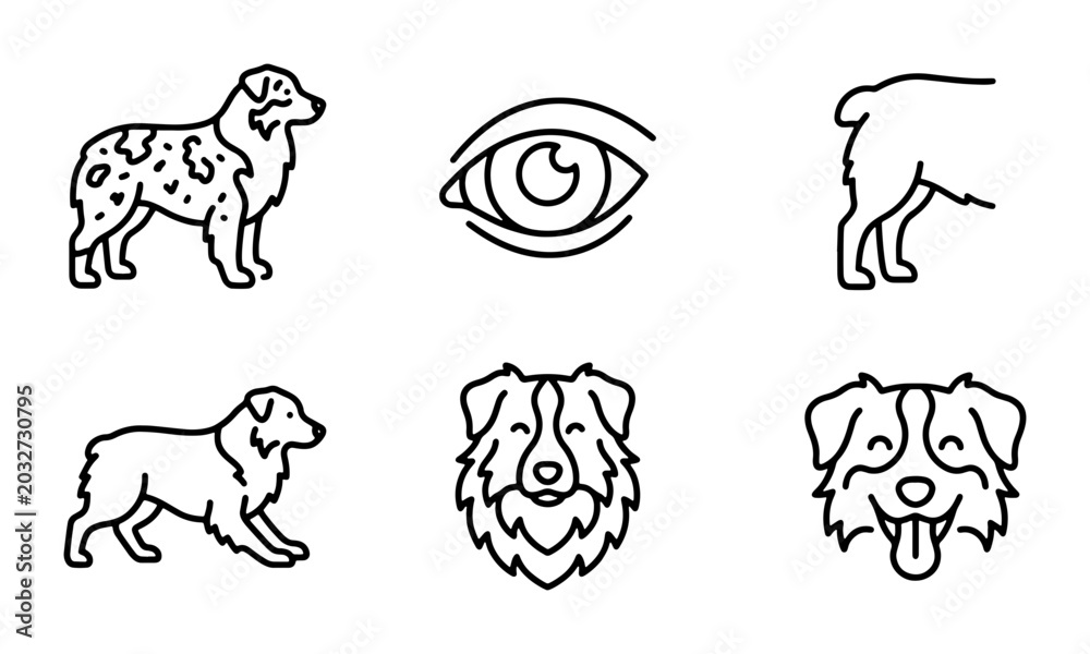 Fototapeta premium Dog Icon Set, Australian Shepherd Vector Graphics, Pet Breed Illustrations, Animal Line Art Collection