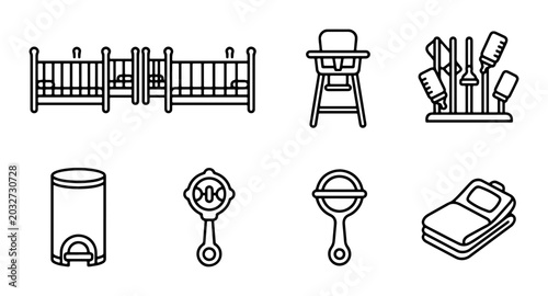 Baby Nursery Essentials Icons, Childcare Equipment Vector Set, Infant Care Objects Collection
