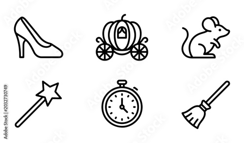 Fairy Tale Icons: Cinderella's Glass Slipper, Carriage, Mouse, Wand, Clock, Broomstick