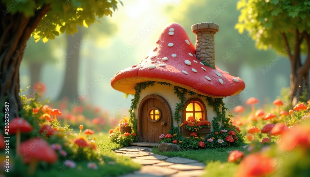 Obraz premium Tiny mushroom house nestled in vibrant forest glade. Cute fairytale home has red cap roof white dots. Warm window light shines through surrounding wildflowers grass.