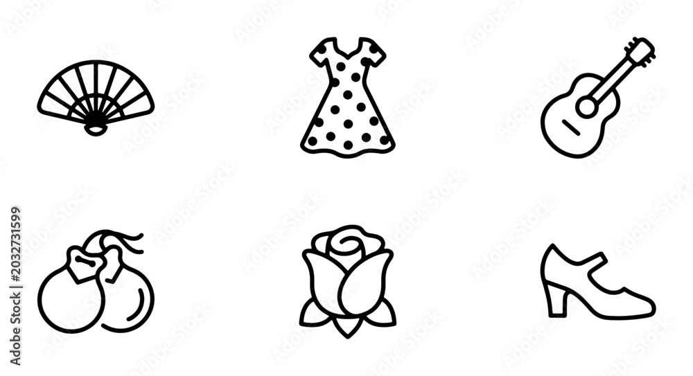 Fototapeta premium Spanish Culture Icons: Flamenco Dress, Guitar, Fan, Castanets, Rose, Shoe