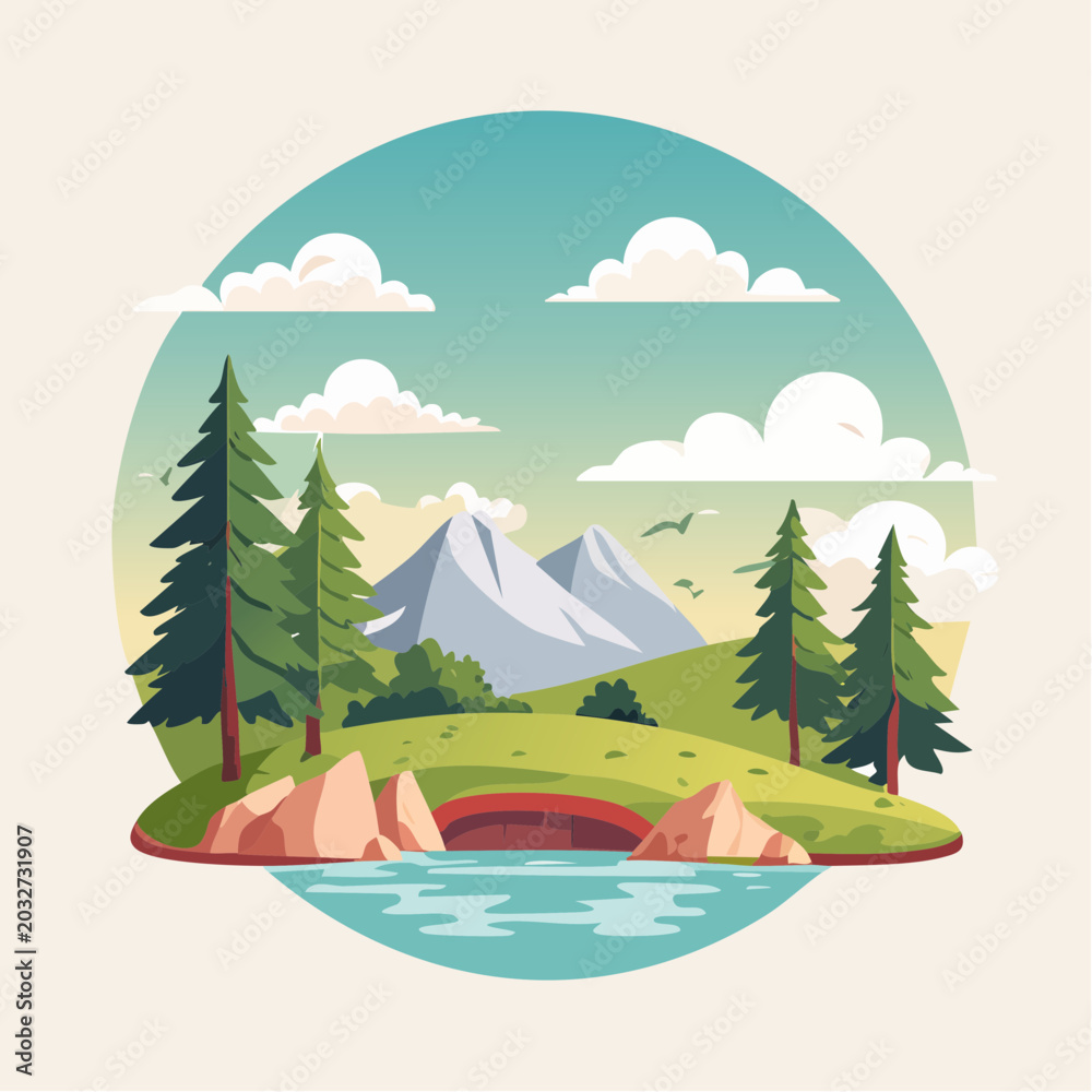 Obraz premium Stylized Landscape with Mountains, Trees, and Water