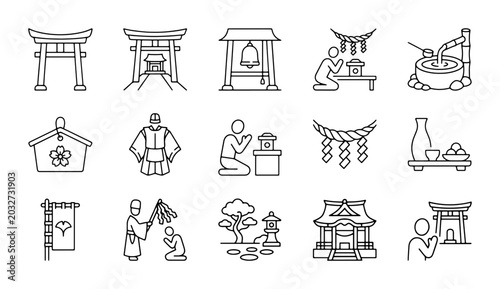 Photos Japanese Shinto Icons, Torii Gates, Rituals, Sacred Symbols, Vector Set