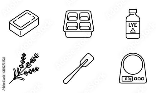 Fotografi Handmade Soap Making Icons: Bar, Mold, Lye, Lavender, Spatula, Scale