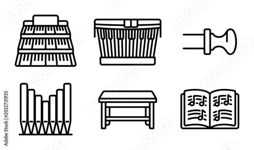 Foto Musical Instruments Icons Set, Keyboard, Percussion, Organ Pipes, Music Book, Ve
