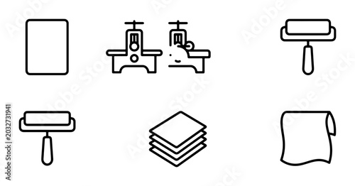 Foto Printing Press Icons, Paper Rolls, and Stacked Sheets Vector Set for Graphic Des