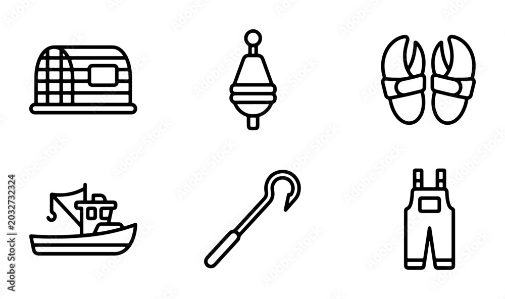 Fototapeta premium Fishing Icons Set: Lobster Trap, Boat, Buoy, Hook, Overalls, Claws Vector Graphics