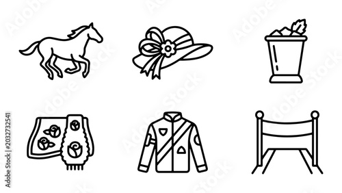 Fotografie Horse Racing Icons Set: Jockey Silk, Hat, Horse, Track Barrier, Trophy, Vector G