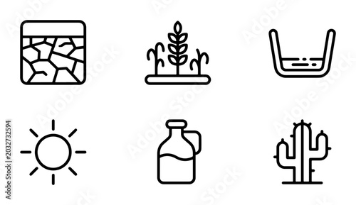 Fotografía Drought and Desert Icons: Cracked Earth, Sun, Cactus, Water Jug, Crops