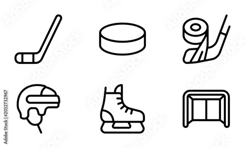 Photography Ice Hockey Icons Set, Sport Equipment Vector Graphics, Winter Game Symbols Colle