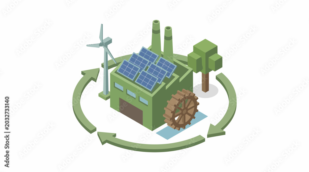 Obraz premium Renewable Energy Factory Isometric Illustration: Solar, Wind, Water Power Cycle