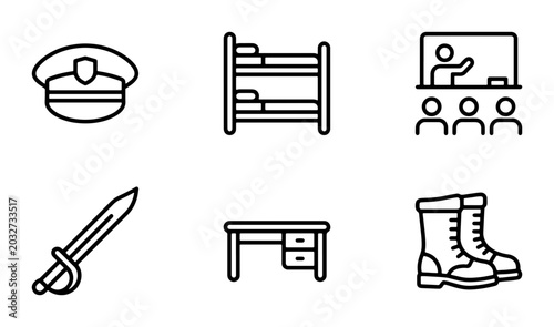 Fotografie Military Icons Set: Officer Hat, Bunk Bed, Classroom, Sword, Desk, Boots