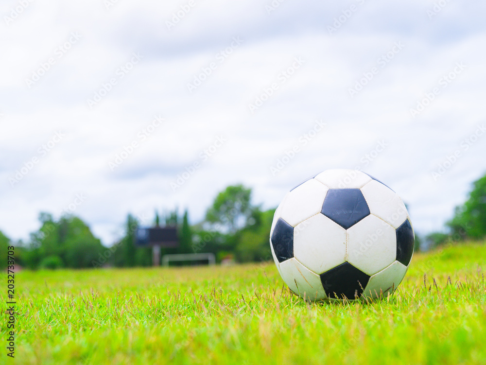 Fototapeta premium A football placed on the grass field of a football stadium. 2026 World Cup. Soccer sports, activity outdoors 