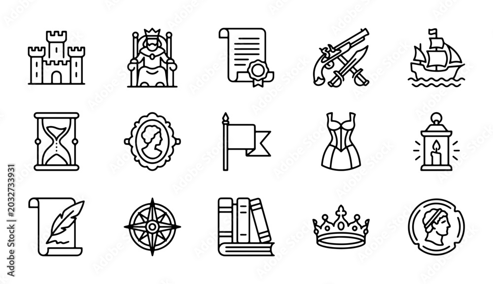 Fototapeta premium Medieval History Icons Set: Castle, Queen, Scroll, Weapons, Ship, Hourglass, Portrait, Flag, Corset, Lantern, Quill, Compass, Books, Crown, Coin