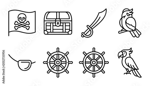 Schilderij op canvas Pirate Icons Set: Jolly Roger Flag, Treasure Chest, Cutlass, Ships Wheel, Eyepat
