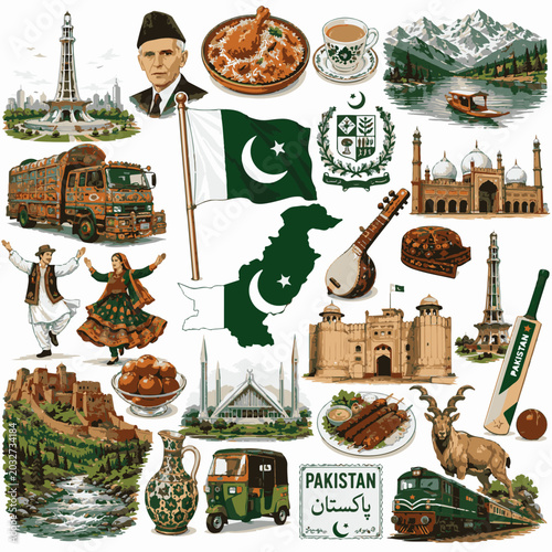 Pakistan cultural heritage vector set, traditional Pakistani landmarks and national symbols collection, South Asian travel and tourism icons, green and white patriotic elements for design