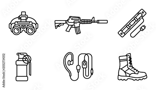 Konstfotografi Military Equipment Icons: Night Vision, Rifle, Grenade, Boots, Tech Gear Set