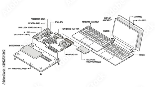Tableau sur toile Exploded view diagram of a laptop computer showing internal components and assembly