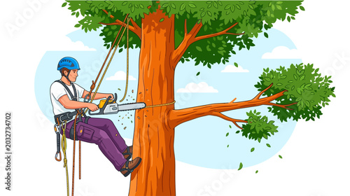Canvastavla Professional arborist using a chainsaw to prune a large tree branch while suspended in a safety harness