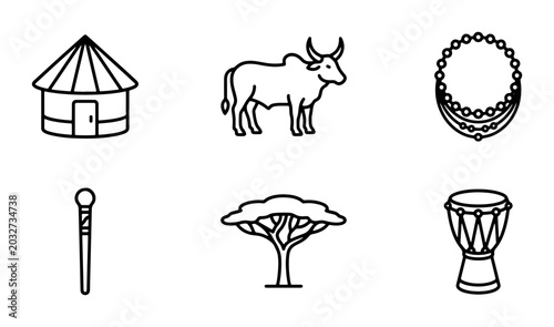 Photos African Village Icons: Hut, Cattle, Necklace, Staff, Tree, Drum Set, Vector Art