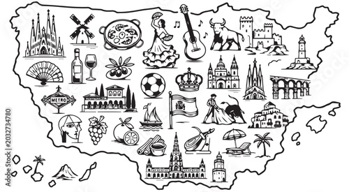 Cuadro en lienzo Spanish culture icons set inside map silhouette, hand drawn Spain travel landmar