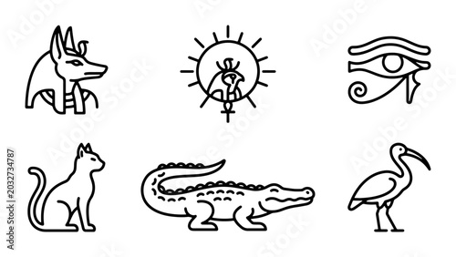 Tableau sur toile Ancient Egyptian Icons: Anubis, Ra, Eye of Horus, Cat, Crocodile, Ibis Symbols