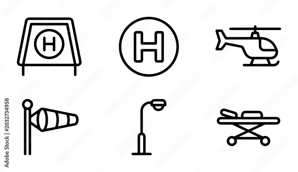 Fototapeta premium Helicopter Landing Pad Icons, Medical Stretcher, Wind Sock, Streetlight, Aviation Symbols