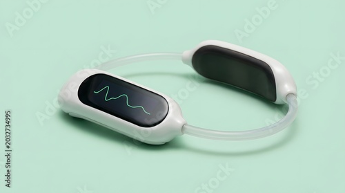Modern medical health monitoring wearable device featuring a digital screen with a glowing heartbeat pulse wave line display for personal vital sign tracking in this photo