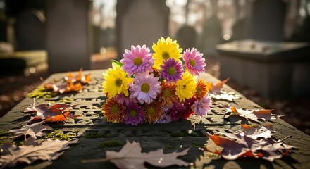 Beautiful flowers on tombstone in cemetery