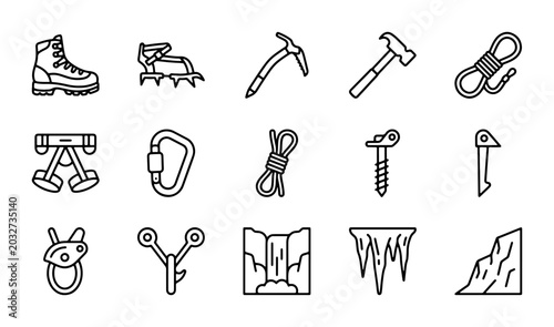 Schilderij op canvas Climbing Gear Icons Set: Mountaineering Equipment, Ice Axe, Rope, Carabiner, Boo
