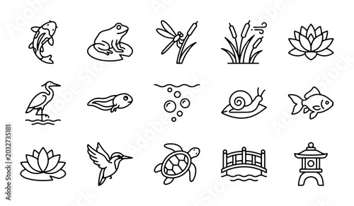 Konstfotografi Pond Life Icons, Aquatic Animals & Nature Elements, Vector Set for Design