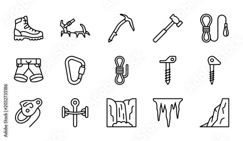 Foto Climbing Gear Icons Set, Mountaineering Equipment Vector Graphics, Adventure Spo
