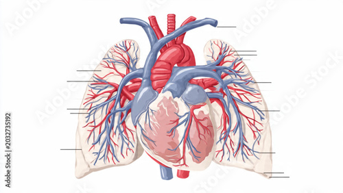 Detailed anatomical illustration of human heart with arteries and veins in vibrant colors