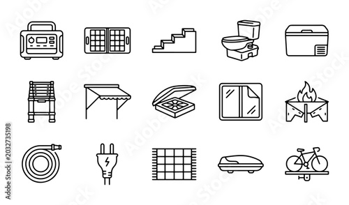 Cuadro en lienzo Camping Gear Icons, Outdoor Equipment Vector Set, Travel Accessories Collection