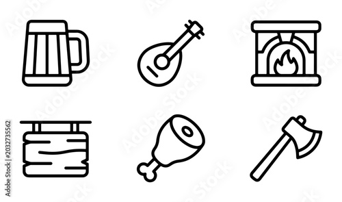 Tableau sur toile Medieval Tavern Icons: Beer Mug, Lute, Fireplace, Sign, Meat, Axe, Vector Set