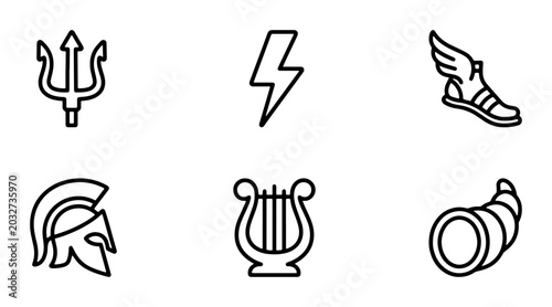 Konstfotografi Greek Mythology Icons Set: Trident, Lightning, Winged Sandal, Helmet, Lyre, Corn