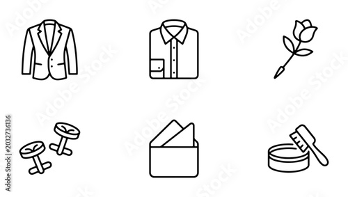 Bild auf Leinwand Elegant Menswear Icons Set: Suit, Shirt, Rose, Cufflinks, Pocket Square, Groomin