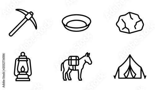Mining Expedition Icons: Pickaxe, Pan, Donkey, Tent, Lantern, Rock, Adventure Gear
