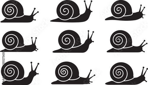 Tableau sur toile Nine black snails crawling on a flat surface