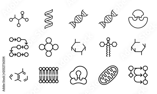 Bild auf Leinwand Biochemistry Icons Set, Molecular Structures, DNA, Cell Biology Graphics, Scienc