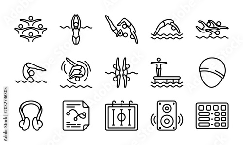 Swimming Competition Icons Set, Aquatic Sport Vector Graphics, Water Sports Symbols Collection